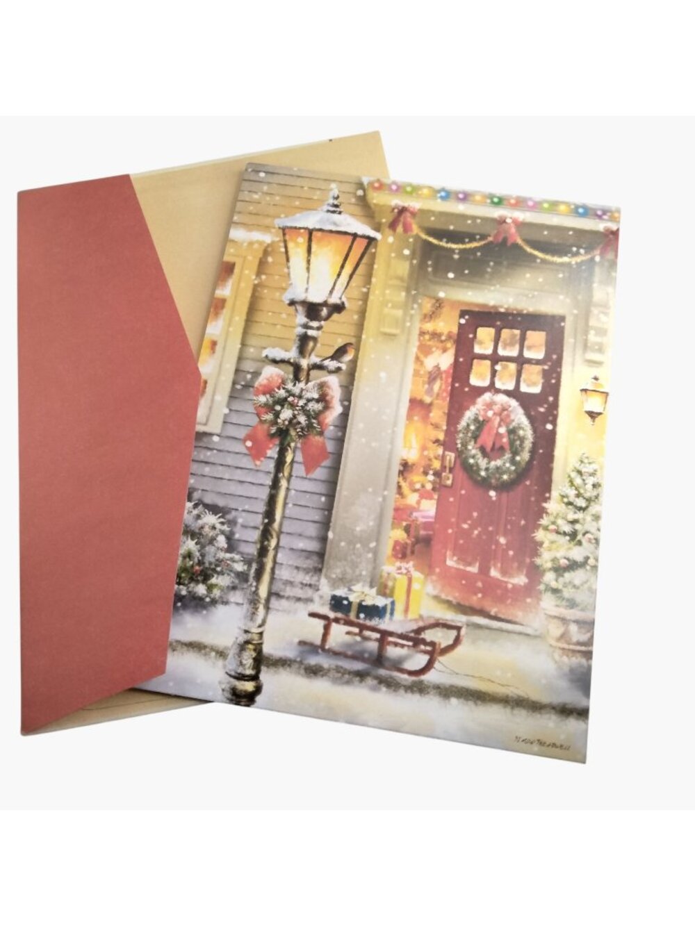 Holiday Greeting Card Simon Treadwell Christmas Door Wreath Lamppost Sled USA